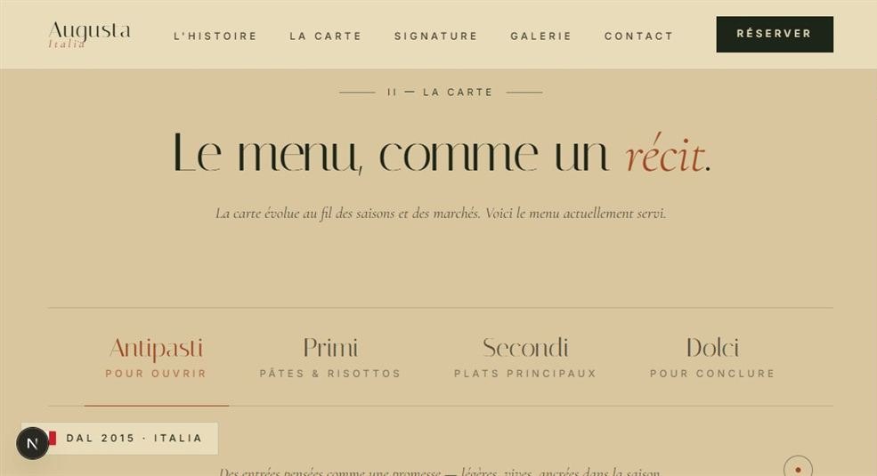 Augusta Italia — la carte du restaurant